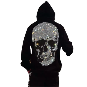 Sweat à capuche d'hiver tricoté pour homme, 100% coton épais, avec fermeture éclair intégrale, strass, logo personnalisé, sans cordon, coupe classique, motif crâne en strass - Product Image 1