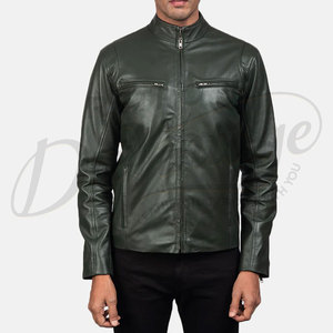 Blouson de motard en cuir véritable vert forêt pour homme, coupe ajustée, col montant, fermeture éclair, style décontracté. - Product Image 5