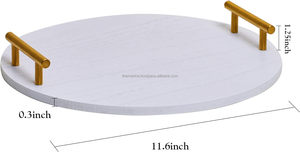 Decorative Round Wooden Serving <b>Tray</b> Farmhouse White Round <b>Tray</b> with Gold Metal Handle for Home Decor - Product Image 6