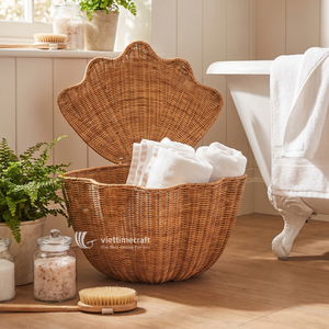 Classic Shell Shaped Wicker Storage <b>Basket</b> <b>Lid</b> Handwoven Rattan Eco-Friendly Organizer Woven Hamper for Nursery Bathroom Home - Product Image 4