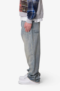 Jean en denim pour homme en coton, coupe large, délavé bleu vintage, orné de strass personnalisés de haute qualité, style streetwear hip-hop, OEM ODM - Product Image 2