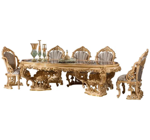 Ensemble de table à manger ovale en teck doré royal de luxe, style européen classique, sculpté, écologique, meubles de salle à manger pour hôtel, fabriqué en Indonésie - Product Image 6