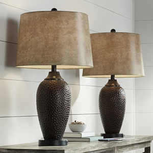 Elegant design Hammered Bronze <b>Table</b> Lamp Set of 2 Luxury Textured Metal Base Faux Leather Shade Elegant <b>Bedside</b> Nightstand - Product Image 4