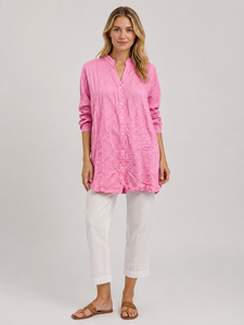 Premium Quality <b>Pink</b> Color Shirt Mandarin V Neck Three Quarter Sleeve Button Down Pleated Front Casual High Quality Women's Wear - Product Image 1