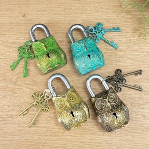 Candado de Latón con Forma de Búho Vintage, Acabado en Verde Antiguo, Azul Antiguo, Dorado Antiguo y Bronce Antiguo, con Llaves Decorativas Hechas a Mano - Product Image 1