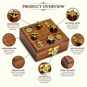 Handmade Indian Rosewood Tic Tac Toe Game | Brass Anchor <b>Wheel</b> Inlay Wooden XO <b>Board</b> Luxury Strategy <b>Board</b> Game Gift Home Decor - Product Image 3
