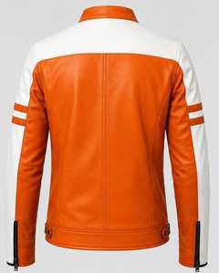 Veste de moto en cuir blanc et orange de haute qualité pour homme, col montant, fermeture éclair, design color block - Product Image 4