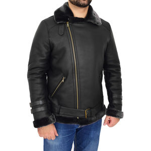 <b>Aviator</b> Shearling Leather <b>Jacket</b> High Quality Real Sheepskin Black Winter Windproof Thick Eco-Friendly Best Selling for <b>Men</b> - Product Image 4