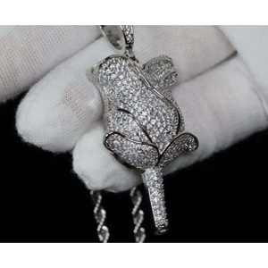 Collier en argent avec pétales de rose rose et pendentif d'amour, chaîne en corde de 3 mm, moissanite glacée, bijoux hip-hop pour hommes, cadeaux - Product Image 2