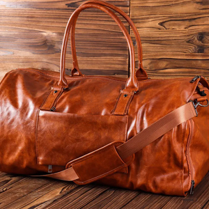 Bolsa de ropa de cuero genuino estilo vintage, de gran capacidad, ligera, para fin de semana, con compartimento para zapatos, tipo duffel. - Product Image 1