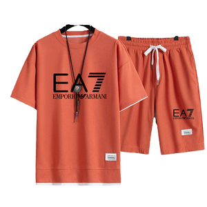 Men's Summer Waffle <b>Knit</b> T-Shirt and Shorts <b>Set</b> Breathable Casual Wear Orange Crew Neck Short Sleeve - Product Image 2