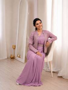 Designer Embroidery Sequence Lace Work Crepe Silk Ready To Wear <b>Saree</b> <b>With</b> Stitched Blouse And Stitched <b>Jacket</b> Set - Product Image 4