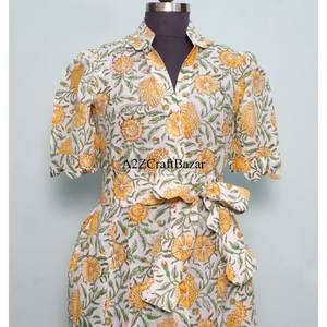 Robe en coton indien imprimée à la main pour femme – Confortable, douillette, style bohème, idéale pour l'été, légère, douce, coupe décontractée, avec décoration en dentelle - Product Image 4