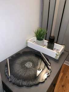 Modern Black <b>Mirror</b> Effect Resin Serving Tray Round Geode Style Platter With Silver Handles Luxury <b>Vanity</b> Coffee <b>Table</b> Decor - Product Image 6