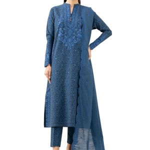 Shalwar Kameez Azul Bordado para Mujer, Algodón Suave, Transpirable, Cómodo, Estilo Elegante, Conjunto de 3 Piezas - Product Image 1