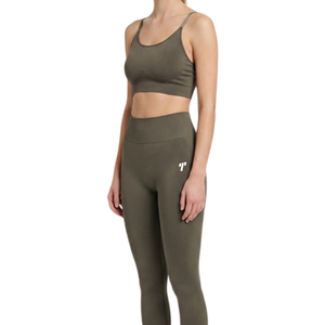 Women's Olive Green 2-Piece Yoga Set Mid Waist Leggings Scoop Neck Racerback <b>Crop</b> <b>Top</b> Seamless Breathable Full Length Solid - Product Image 1