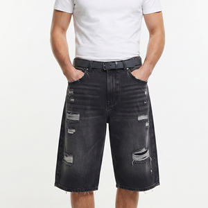 Shorts en jean déchirés noirs délavés pour hommes, style décontracté d'été, avec boutons à la taille - Product Image 1