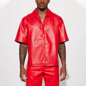 <b>Men's</b> Red Short Sleeve Casual <b>Shirt</b> Turn Down Collar Solid Color <b>Satin</b> Fabric Street Style Summer Wear - Product Image 1