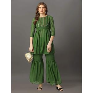 DESIGNER GEORGETTE BRODERIE TRAVAIL TOP AVEC SHARARA VERT - Product Image 1