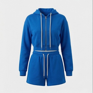 Conjunto de Sudadera con Capucha y Pantalones Cortos de 2 Piezas para Mujer, Color Azul, Felpa, Ropa Deportiva Informal, Largo por Encima de la Rodilla, Manga Larga, Color Sólido - Product Image 1