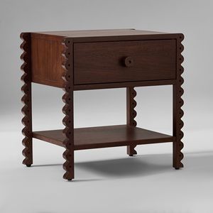 <b>Teak</b> Wood Nightstand Scalloped Edge Legs 1 Drawer <b>Bedside</b> <b>Table</b> with Large Wood Knob - Product Image 1