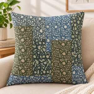 Housse de coussin carrée en patchwork floral bleu vert, style vintage botanique bohème, taie d'oreiller décorative - Product Image 1