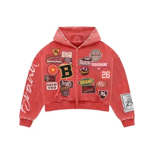Blue Patchwork Studded Cropped <b>Zip</b> Hoodie | Heavy Graphic Collage Oversized Streetwear Jacket | Custom OEM Apparel - Product Image 3