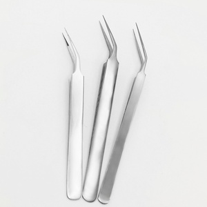 Silver Shin Eyelash Extension Tweezer Large Point 45 Degree Point Tip Plain Grip Fiber Tip Tweezer - Product Image 1