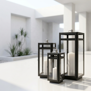 Lanternes à bougies en acier inoxydable noir/faux verre faites à la main en gros, tailles personnalisées pour la décoration de la maison, des hôtels et des restaurants - Product Image 1