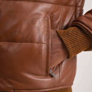 Custom Men Brown Puffer Leather <b>Jacket</b> Quilted Padded Bomber Coat Warm Winter Stand Collar Genuine Leather <b>Zip</b> <b>Up</b> <b>Jacket</b> - Product Image 1