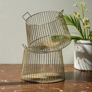 Modern Metal <b>Wire</b> <b>Storage</b> <b>Baskets</b> Circle Stackable With Handle Multi Purpose Neatening Organizer Gold Finish - Product Image 5
