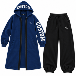 Premium Apparel Set Women's Longline <b>Zip</b> <b>Hooded</b> Dark Blue Fleece Coat Custom Sleeve Applique Oversized Tracksuit Joggers Factory - Product Image 4