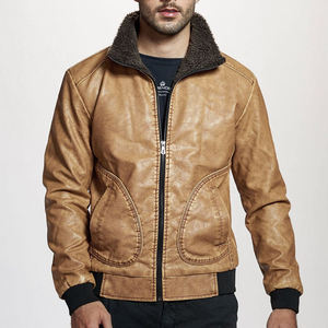 Men's Genuine Leather Bomber <b>Jacket</b> Stand Collar Zipper Closure Faux Fur Lining Solid Color Autumn Wear - Product Image 1
