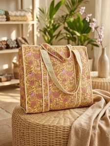 Sac fourre-tout bohème matelassé, broderie florale, tissu en coton, fait main, fermeture éclair, pour femme, Pâques, shopping, voyage quotidien - Product Image 2