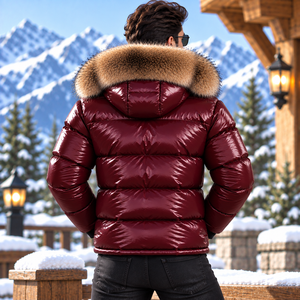 Men's Leather <b>Quilted</b> Puffer Jacket Fox Fur Hood | Breathable <b>Summer</b> Casual Jacket | Piumino Lucido Uomo | Chaqueta Brillante | - Product Image 6
