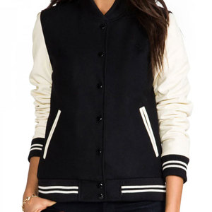 Veste universitaire noire et crème pour femme avec bordure contrastée, manches longues, col rabattu, design à simple boutonnage - Product Image 1