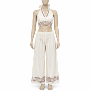 Ensemble coordonné bohème uni brodé à col halter |   Haut à col noué, pantalon palazzo à taille élastique, détails tribaux, 100% coton - Product Image 1
