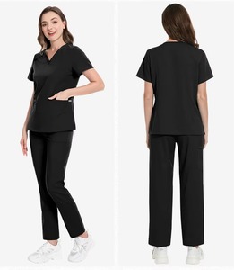 Women Olive Green V Neck Scrub Top Short Sleeve Hospital Uniform Polyester Cotton Woven Fabric - Product Image 2