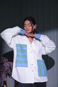 Womens Elegant Designer White Woven Cotton <b>Patchwork</b> <b>Shirt</b> with Blue Green Stripes Loose Fit Full Sleeve Button Casual XL - Product Image 5
