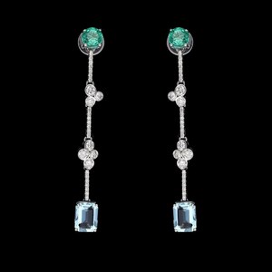 Aquamarine Emerald Long Earrings 18K White Gold Bridal Luxury Jewelry Women Elegant Wedding Gift Handmade - Product Image 4