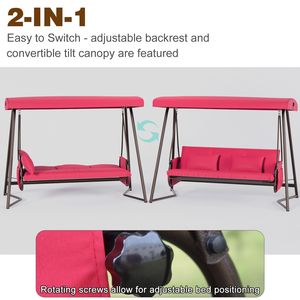 Red Outdoor Patio 3-Seater Metal Swing Chair with <b>Cushion</b> and Adjustable Canopy for Swing <b>Beds</b> - Product Image 2