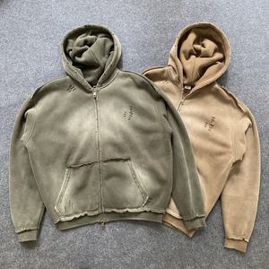 Sweat-shirt à capuche zippé oversize pour homme, effet usé, style streetwear, coupe ample, coton épais, décontracté - Product Image 4