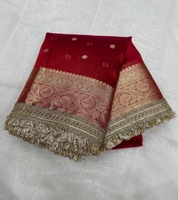 Saree Banarasi Sutra Tenun India dengan Hiasan Pinggir Motif Polka Dot, Bebas Kerut, Cepat Kering, untuk Pesta Tradisional