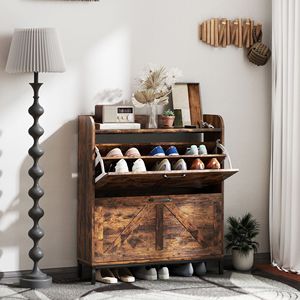 Rustic Brown <b>Narrow</b> Shoe <b>Storage</b> Cabinet with 2 Flip Drawers Entryway Hallway Organizer Shoe Racks for Mall Use - Product Image 2