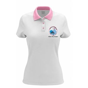 เสื้อโปโลสีขาวสำหรับผู้หญิง คอปกสีชมพูตัดกัน แขนสั้น ปักโลโก้ที่อกตามแบบที่ต้องการ เสื้อลำลองสำหรับทีม ขายส่ง - Product Image 1