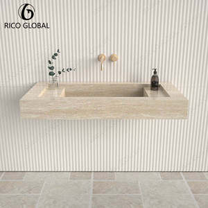 Lavabo Rectangular de Mármol para Montar en la Pared, Diseño Minimalista Pulido, Grifo Dorado, Lavabo para Baño - Product Image 4