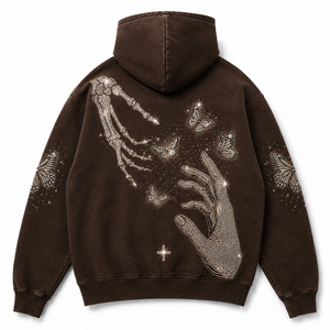 Sweat-shirt à capuche marron personnalisé pour homme, imprimé squelette gothique et papillon, coupe oversize, pour l'automne, manches classiques, en molleton bouclette - Product Image 2