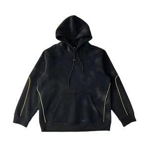 Black Heavyweight Cotton Fleece Hooded Pullover Sweatshirt with Contrast Sleeve Trim Front <b>Pocket</b> for Winter - Product Image 6