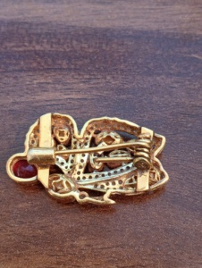 Vintage Gold <b>Tone</b> 925 Silver Amaira Jewels Luxury Peacock Brooch Pear Cut Crystal Rhinestones <b>Red</b> Center Stone Party Wedding - Product Image 6