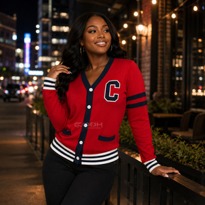 Cosh International Acrylic Sorority Sisterhood <b>Red</b> Knitted <b>Cardigan</b> V Neck Long Sleeve Preppy Style Contrast Color - Product Image 5